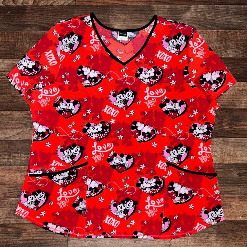 Disney Women's Red Minnie and Mickey Love scrub top nurse doctor